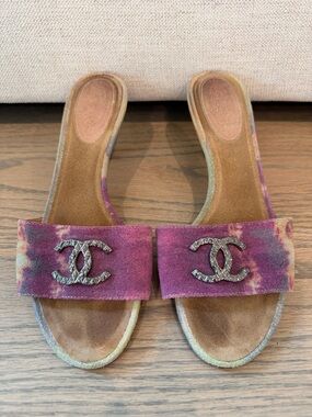 Chanel Purple Tie-Dye Suede Slide Sandals with Crystal CC